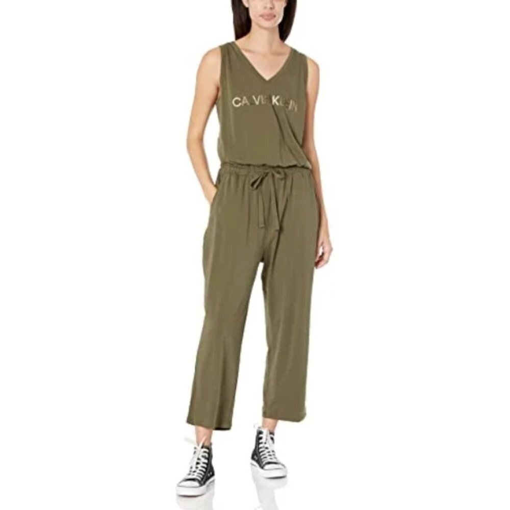 Calvin Klein Caper Green Logo V-Neck Sleeveless Jumpsuit Romper  size XL